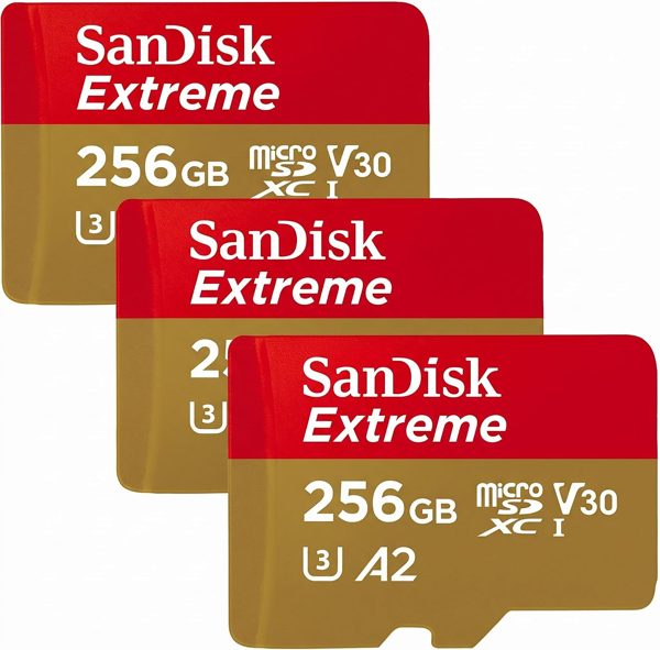 SANDISK 256GB Extreme microSDXC UHS-I Memory Card with Adapter - C10, U3, V30, 4K, 5K, A2, Micro SD Card - SDSQXAV-256G-GN6MA (Pack of 3)