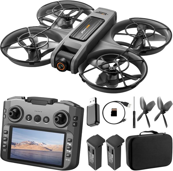 Drone with UHD Camera, Drone with Screen on Controller for Beginners, Remote Control Quadcopter with 2 Batteries, One Key Start, Easy to Fly, Altitude Hold, 3D Flips, Carrying Case （Gray）
