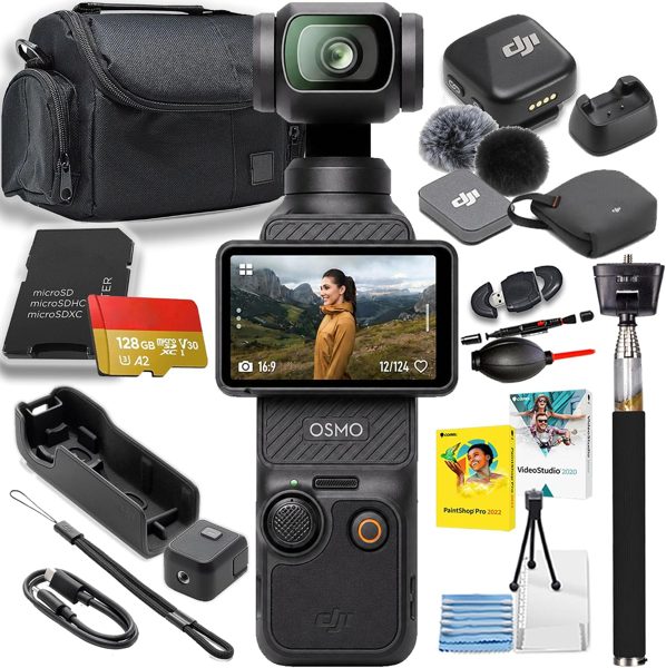 DJI Osmo Pocket 3 with DJI Mic Mini Clip-On Transmitter + Accessories Including a 128GB Memory Card + Selfie Stick + Camera Case + More (Renewed)